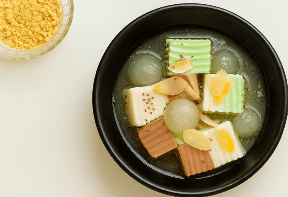 Coconut jelly cubes arranged with fresh longan, garnished with sliced almonds